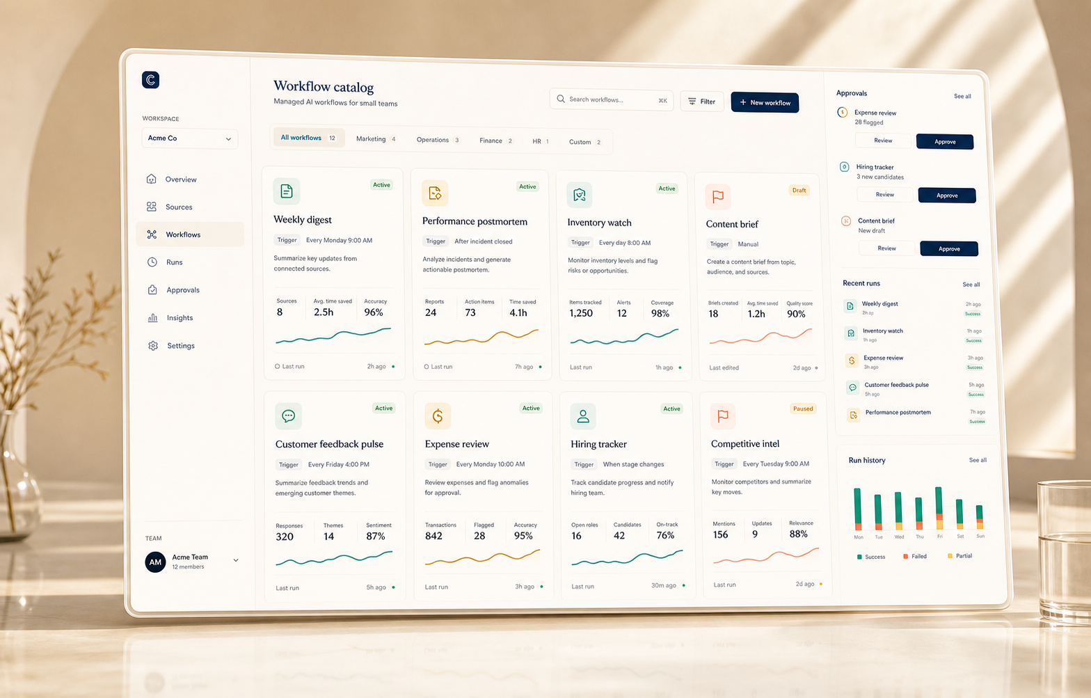 A premium workflow catalog interface showing templates, triggers, status, and review queues.