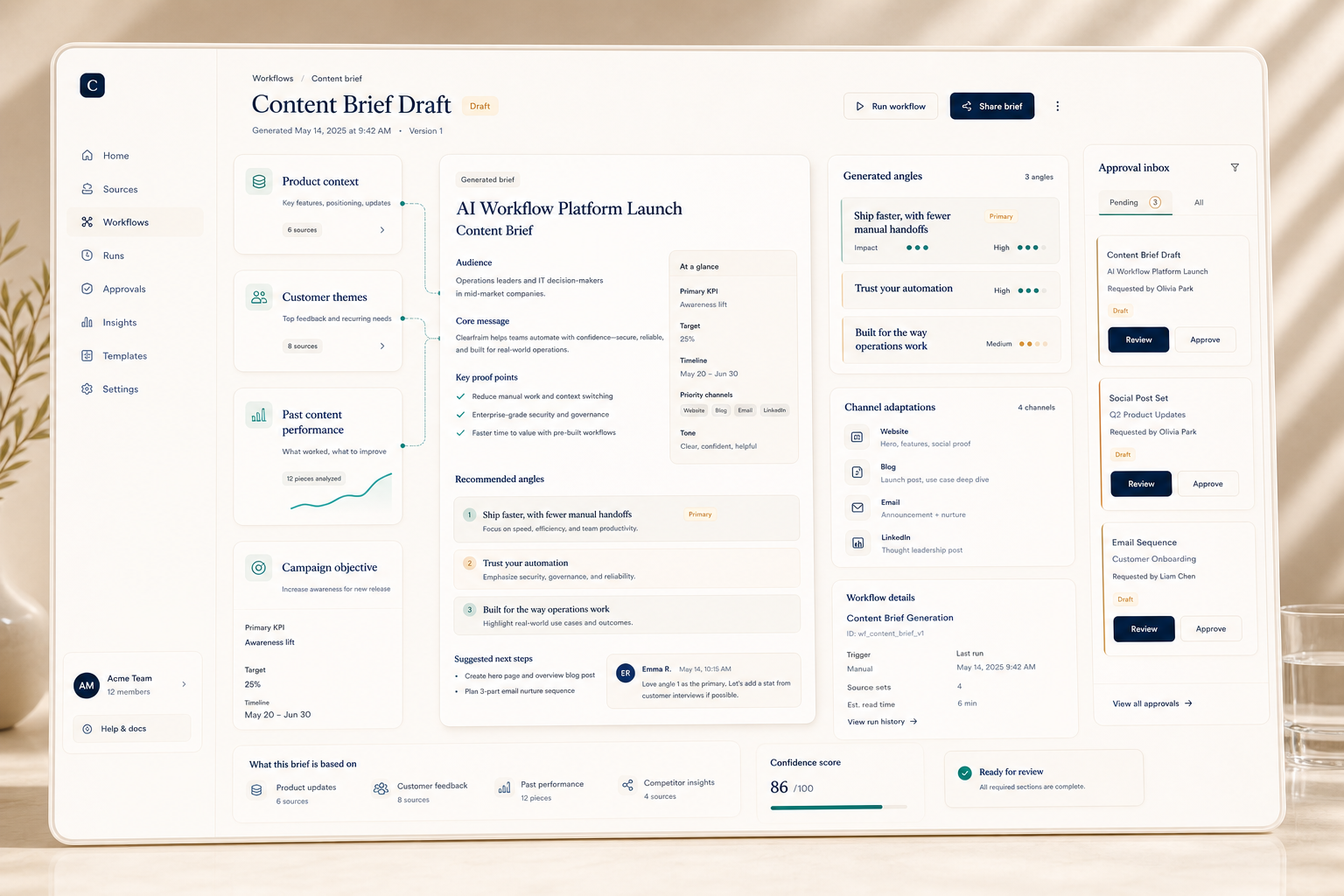 Content brief generation product interface concept